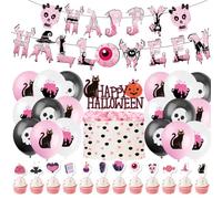 Halloween Party Decorations, Halloween Pink Theme Party Supplies Black Cat Party, Kids Halloween Decorations Pack Banner Cake Topper Cupcake Balloons