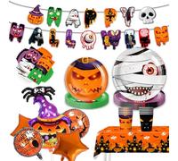 Halloween Party Decorations Set for 10 Guests Spooky Tableware & Balloons Kit with Plates, Cups, Napkins,Tablecloth, Banner & Foil Balloons Trick-or-Treat Theme Party Supplies for Kids & Adults