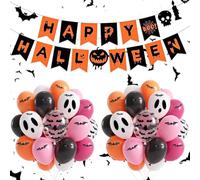 Halloween Party Decorations with HAPPY HALLOWEEN Banner, 36pcs Black White Pink Orange Halloween Balloons and 12pcs Bat Deco for Indoor Room Door Wall