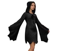 Halloween Party Dress For Women Gothic Dresses Witch With Hooded Cape V Neck Half Moon Sexy Short Sleeve Lace-Up Cloak Medieval Carnival Cosplay