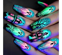 Halloween Party Fake Nails 24Pcs Blue Ghosted Spiders Web Design Coffin Shape Nails For Costume Event Accessories 24pc/s Pumpkin Ghostly Spiders Web Press On Nail