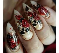 Halloween Party Ghostly False Nails Almond Shape Rose Skull Design Quick Application ABS Nails Long Lasting Wear 24pcs Halloween Nail