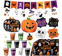 Halloween Party Supplies Kit Includes Pumpkin Shaped Disposable Plates, Napkins, Cups, Banner, Tablecloth for Halloween Birthday Baby Shower Decorations, Serves 24