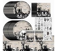 Halloween Party Tableware Set Hallo-Ween Party Supplies Spooky Tableware Kit Including Banner Tablecloth Plates Cups Napkins Hallo-Ween Window Stickers For Halloween Birthday Get-Together(16 Guests)