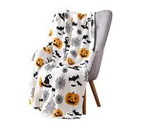 Halloween Patchwork Throw Blanket: Spider Webs Skeleton Witchy Gnomes Decorated Pumpkins Haunted House and Dressed Up Pet Dogs (Patchwork)