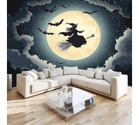 Halloween Pattern 3D Mural Wallpaper Witch Flying On Moonlit Night Wall Art for Living Room Bedroom Office & Kids’ Rooms Featuring Photo Wallpapers Décor Stickers and Art Poster Décor W250 X H175 Cm