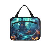Halloween Pattern Fired Pumpkin Hanging Travel Toiletry Cosmetic Makeup Bag Large Capacity Foldable Storage Wash Bags for Women Girls Bathroom