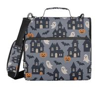 Halloween Pattern Haunted Houses on Gray 3 Rings School Zipper Binder with Handle Waterproof Document Organizer Bag for School