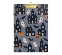Halloween Pattern Haunted Houses on Gray Acrylic File clipboard Standard Letter A4 Size Standard Hole for Homework Pediatric Gold 12x9in Tablas para escribir