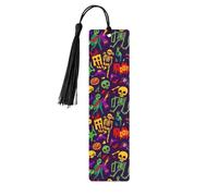 Halloween Pattern with Horror Elements Zombie Skull Colorful Wooden Bookmark with Tassel Book Lover Reading Accessory 4.6x1.2 inch