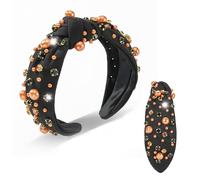 Halloween Pearl Knotted Headband for Women, Halloween Accessories Black Orange Crystal Pearl Jeweled Wide Knot Twist Hairband Sparkly Rhinestone Halloween Party Makeup Favors Gifts(Halloween-black)