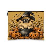Halloween Pekingese Dog Makeup Bag 7''x9'' for Travel Purse, Vintage Scary Witch Cosmetic Pouch for Women Gift, Creepy Cauldron Portable Canvas Zipper Organizer Toiletry Pouch