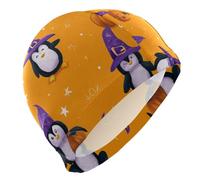 Halloween Penguin Pumpkins Swim Cap for Men Lightweight Cloth Cap for Pool Bathing Swimming Hat One SizeYellow