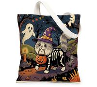 Halloween Persians Cat Canvas Tote Bag for Shopping 13x15, Horror Kitten Graveyard Reusable Grocery Print Pattern Bag for Women, Spooky Scary Aesthetic Painting Gift Decor