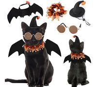 Halloween Pet Bat Wings Costume with Bells, 4 Pcs Adjustable Cat Puppy Bat Wings Set with Pumpkin Witch Hat Glasses Collar Pet Cosplay Bat Dress up Accessories for Small Dogs and Kitty Halloween Party