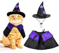 Halloween Pet Wizard Costume - Purple Star Hat & Cape Set for Cats & Small Dogs, Soft Polyester Outfit, Black/Purple Design for Holiday/Parties/Photoshoots