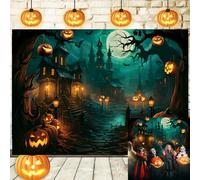 Halloween Photography Backdrop Full Moon Scary Night Haunted House Castle Hallowmas Pumpkins Party Background for Kids Adult Halloween Festival Party Decoration Backdrop (green, 70x40 inch (6x4FT))