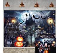 Halloween Photography Backdrop Horror Moon Pumpkin Lantern Castle Gate Bats Cemetery Background Haunted House Kids Adults Halloween Night Party Supplies Decorations 7x5FT