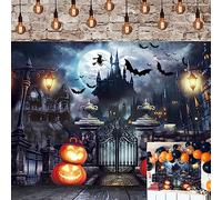 Halloween Photography Backdrop Horror Moon Pumpkin Lantern Castle Gate Bats Cemetery Background Haunted House Kids Adults Halloween Night Party Supplies Decorations 8x6FT