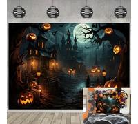 Halloween Photography Backdrop Scary Night Castle Full Moon Hallowmas Pumpkins Party Background for Child Kids Halloween Festival Party Decorations Banner Photo Props (Black, 94X70 inch (8x6FT))