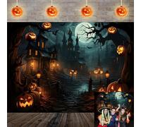 Halloween Photography Backdrop Scary Night Castle Full Moon Hallowmas Pumpkins Party Background for Child Kids Halloween Festival Party Decorations Banner Photo Props (Black, 82x59 inch (7x5FT))