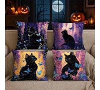 Halloween Pillow Covers 18x18 Set of 4, Mystical Black Cat Blue Butterfly Purple Wisteria Fantasy Cushion Covers, Single-Sided 2D Print (Pillow Insert Not Included)