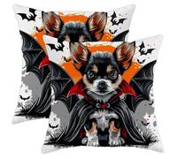 Halloween Pillow Covers Set of 2, Black Orange Festive Dog with Bat Wings Throw Pillows Case, Cozy Gothic Decorative Square Decor Cushion Covers for Home Sofa Bed Couch 18x18 Inch