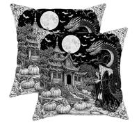 Halloween Pillow Covers Set of 2, Black White Witch and Dragon Design Throw Pillow Cases, Spooky Decorative Square Covers for Home Sofa Bed Couch, Autumn Festival Decor 16x16 Inch
