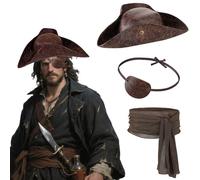 Halloween Pirate Costume Accessory Set 3pcs Pirate Hat Distressed Leather Colonial Style Tricorn Large Sash Belt Leather Eye Patch Fancy Dress Medieval Costume Kit for Cosplay Carnival Theme Party