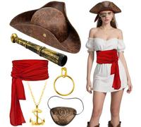 Halloween Pirate Costume Set with Pirate Hat, Red Waist Scarf; Telescope; Anchor Necklace, Earring Eye patch Fancy Dress Pirate Costume Adult Women for Halloween Party