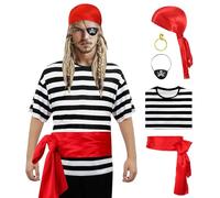 Halloween Pirate Stripe Adult Costume 5 Pcs with Black-White Striped Top Bandana Belt Pirate Eyepatch Earrings, Halloween Carnival World Book Day Pirates Fancy Dress Costume for Adults