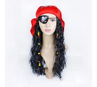 Halloween Pirate Wig Buccaneer Wig Black Long Hair with Beads Pirate Eyepatch and Red Bandana for Men Women Cosplay Halloween Carnival Party Fancy Dress