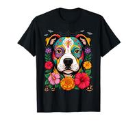 Halloween, Pit Bull, Sugar Skull, Funny, Dogs, Flowers T-Shirt