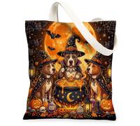 Halloween Pitbull Dog Canvas Tote Bag for Shopping 13x15, Vintage Puppy Witch Cauldron Reusable Grocery Print Pattern Bag for Women, Scary Beach Aesthetic Painting Gift Decor
