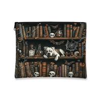 Halloween Pitbull Dog Makeup Bag 7x9 Inch for Travel Pouch, Scary Skull Bookshelf Print Cosmetic Pouch for Women, Creepy Portable Canvas Zipper Organizer
