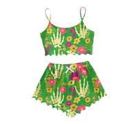 Halloween Pjs Women Cotton Print Nightwear Witch Sexy Spaghetti Straps Pyjamas Set V Neck Ghost Ladies Summer Loungewear Sleepwear 2 Piece Spider Pj Bottoms Co Ord Sets, Green, L