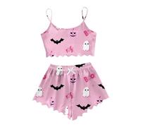 Halloween Pjs Womens Casual Sexy Cute Print Bat Sleeveless Cami Crop Tops V Neck Spider Web Nightwear Shorts Set Loungewear 2 Piece Pumpkin Pajama Bottoms Co Ord Sets, Black, S