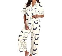 Halloween Pjs Womens Skeleton Soft Short Sleeve Button Down Pyjamas Ladies Spider Web Cosy Cotton Loungewear Comfy Sleepwear with Pockets Set Bat Pajama Long Pants Co Ord Sets, Beige, M