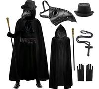 Halloween Plague Doctor Costume Adult Men Women Kids 12-13 13-14 Plague Doctor Cloak Robe Outfit with Plague Doctors Mask Hat Cane Glove Accessories The Crow steampunk Plage Dr Costume Adult Kids