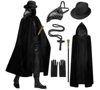 Halloween Plague Doctor Costume for Adults and Kids - Steampunk Black Robe Cloak With Bird Mask, Hat, Cane, and Cross Necklace - Retro Cosplay Outfit