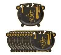 Halloween Plates Cauldron - Pack of 10 Black and Gold Cauldron Shaped Plates with a Witch's Brew Design - Fun Novelty Halloween Party Tableware