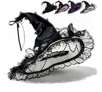Halloween Pointed Witch Hat Gothic Ruffled Lace Trim Wide Brim Wizard Cap | Halloween Party Masquerade Cosplay Costumes, Soft And Breathable Fabric, Adult Mesh Lace Big Bow Flowers Holiday Headwear
