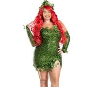 Halloween Poison Ivy Costume for Women, Green Poison Ivy Cosplay Sleeveless Fake Leaves Sequin Dress with Gloves Set (Green, M)