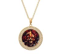 Halloween Poker Red Rose Fire Skull Multicolored Diamond Necklace Dainty Round Pendants Jewelry for Women Golden-style