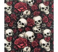 Halloween Polycotton Fabric - Burning Skulls Skeletons Cross Bones (Per Metre) - Sewing Quilting Dress Fabric - Simply Sew Crafty™ (Skulls Roses Red)