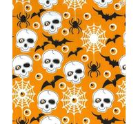 Halloween Polycotton Fabric - Burning Skulls Skeletons Cross Bones (Per Metre) - Sewing Quilting Dress Fabric - Simply Sew Crafty™ (White Skulls/Web Black Bats on Orange)