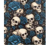 Halloween Polycotton Fabric - Burning Skulls Skeletons Cross Bones (Per Metre) - Sewing Quilting Dress Fabric - Simply Sew Crafty™ (Skulls Roses Blue)