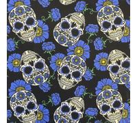 Halloween Polycotton Fabric Floral Candy Skulls - 44" Wide 112cm (Per Metre) (Blue)