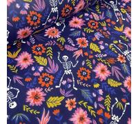 Halloween Polycotton Fabric, Skeleton Floral, Day of The Dead, 112cm/44 inches Wide, Machine Washable