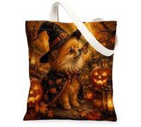 Halloween Pomeranian Dog Canvas Tote Bag for Shopping 13 * 15, Spooky Butterflies Reusable Grocery Shoulder Bag for Women, Fun Painting Gift Decor